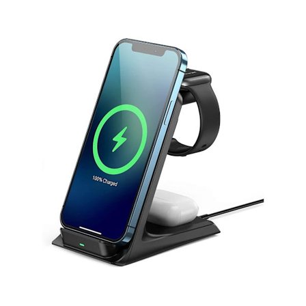 Trådlös laddningsstation för Apple Watch Iphone 12/12 Pro Max / 11 / X / Xs Max / 8 Plus Airpods Huawei Samsung -Certifierad 15W Svart