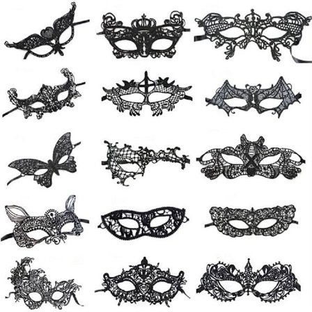 15 st Venetian Wolf Mask i Spets, Festkläder för Maskerad (Svart)