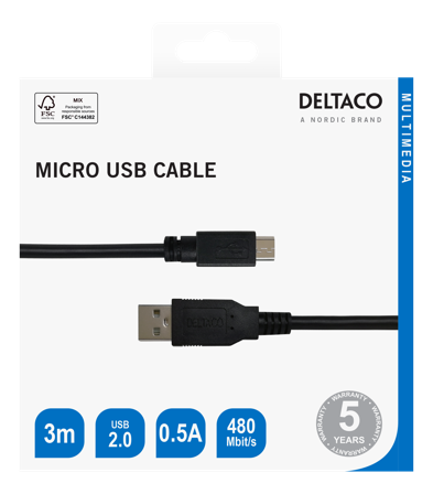 Deltaco USB 2.0 Micro B cable, 2.4A, 3m black