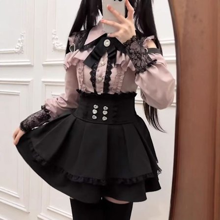 Mörk Lolita Off-the-Shoulder Blus + Högmidjekjol Tvådelat Set Lämpligt för Föreställningar och Cosplay