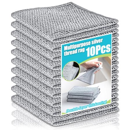 10-delt ikke-ripende sølvtråd oppvaskkluter, dobbelt lag gjenbrukbare, multifunksjonell rengjøring for kjøkken, gryter, vasker og komfyrer 20x20 cm