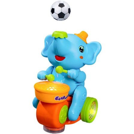 Trommespillende Elefant Vogn Legetøj, Multifunktionelt Musikalsk Legetøj med Ballonblæsning og Trehjulet Cykel, Lys og Musik, 2 Skumbolde (Blå)