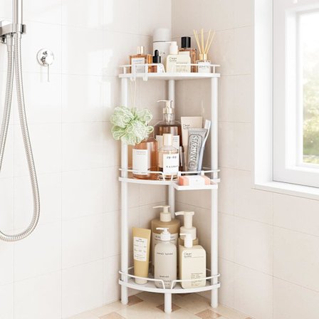 Hjørnedusjhylle Stående 3-lags dusjorganisator i rustfritt stål med såpeholder, justerbare ben og 2 kroker, hvit