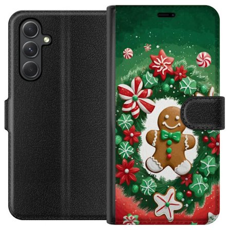 Kompatibel Tegnebogsetui til Samsung Galaxy A25 Gingerbread Joy julemotiv med peberkage mand og dekoreret krans