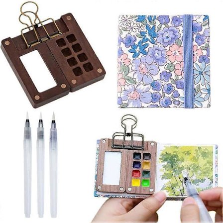 Bärbart Skissboks Palettset, 8-Facks Mini Rese-färgpalett i Trä för Akvarell, Gouache, Akryl, Inkluderar Journal, Penselpennor & Klämma
