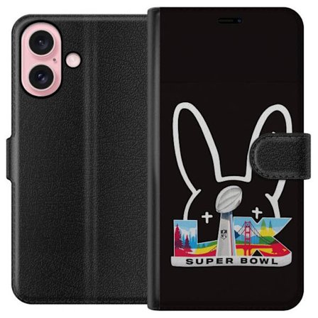 Kompatibel Tegnebogsetui til Apple iPhone 16 Bad Bunny portræt med åben skjorte, tatoveringer og krøllet hår i stilfuld modefotografering