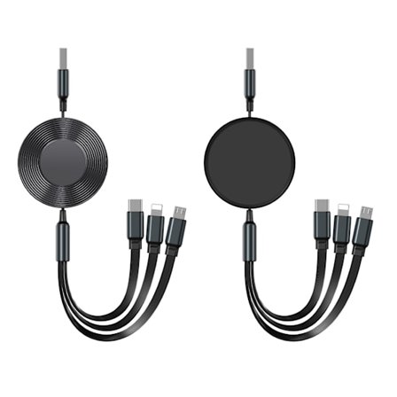 4-in-1 100W Sisäänvedettävä latauskaapeli Lightning/Micro/Type-C -liitännällä Apple- ja Android-puhelimille (2 kpl) Musta