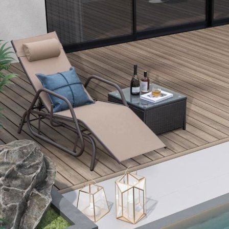 COSTWAY Outdoor Lounge tuoli 3-tasolla säädettävällä selkänojalla, niskatuella ja hengittävällä kankaalla, patio, leirintäalue, 150 kg, kahvi