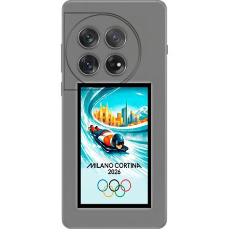 Yhteensopiva Puhelinkuori OnePlus 12 Dynaaminen kelkkailija tai skeleton-ajaja jääkanavalla Milanon Cortina 2026 kanssa, kaupunkinäkymä ja olympialais