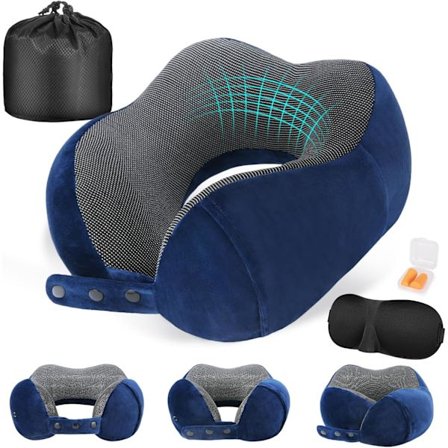 Reisepute i memory foam, justerbar og kompakt flypute, ergonomisk designet, inkluderer ørepropper, øyemaske og oppbevaringspose.