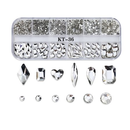 Neglekunst diamant smykker 12 rutenett hvit stor og liten flat bunn diamant kjærlighet vanndråpe diamant negle DIY dekorasjoner