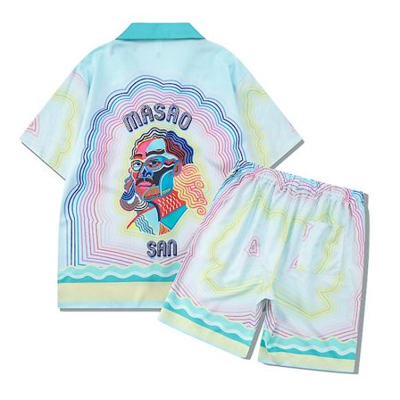 Färgglada Stripe Mountain Stadium Print Casablanca Tennis Club Shorts Skjorta Set Sommar Män Kvinnor Hip Hop Hawaii Beach Suit