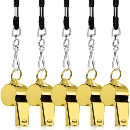 5-pack rostfritt stål visselpipa, FineGood hög ljudnivå metallvisselpipa med snodd för domare tränare livräddare överlevnad nödsituation