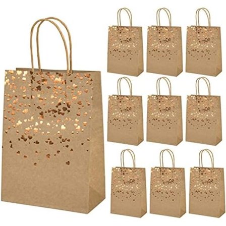 12 Stykker Papirposer med Håndtak, Kraftpapir Gaveposer, Bronse Kraftpose med Gull Hjertedekorasjon, for Fester, Bryllup, Fester