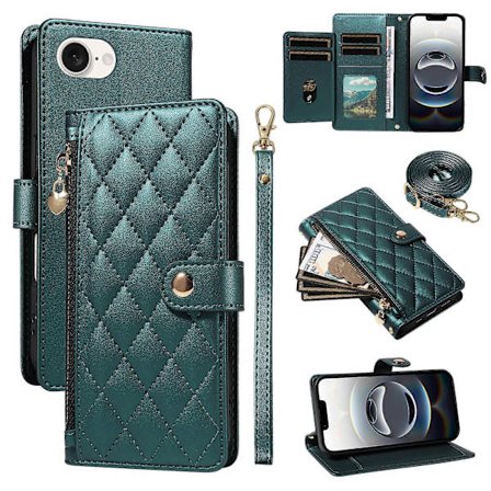 Kompatibel iPhone 16e Wallet Case med stropper, Rhombus Læder Stand Telefon Cover [DB]