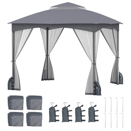COSTWAY Sammenklappelig Havepavilion 3 x 3M - Modtelt - Dobbelt Netvæg - 4 Sandposer - til Græsplæne Grå