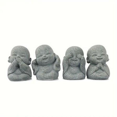 Sjarmerende Tegnet Buddha-Statue med Blå Stensand Bonsai & Falsk Stenhugging - Perfekt for Skrivebord, Sett med 4