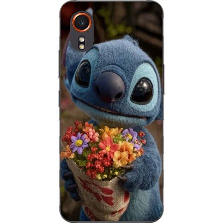 Kompatibel Mobilcover til Samsung Samsung Galaxy Xcover7 Sød blå figur med store øjne, der holder en farverig buket i en varm og kær stil