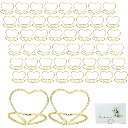 50 stk Hjerteformede Bordnummerholdere, Fotoclipsholder, Bryllupsbordnummerholdere, Mini Bordkortholdere, til Fødselsdag, Fest, Kontor (Guld)
