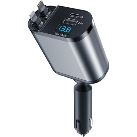 OBOSOE 2-pak Udtrækkelig Billader – Dobbelte USB-C-kabler, PD-hurtigopladning, Spændingsmåler, Vandafvisende Cigaretstikadapter