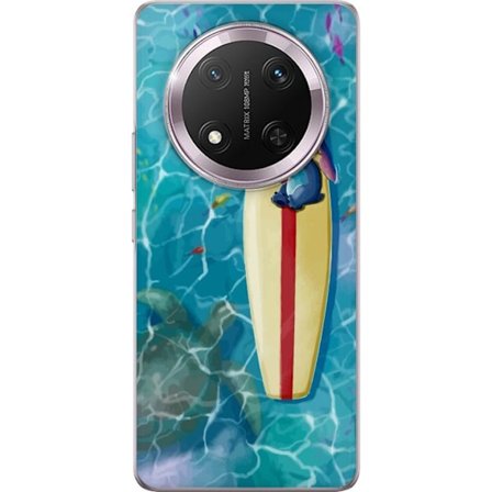 Kompatibel Mobilcover til Honor Magic7 Lite Afslappende illustration af Stitch der hviler på et surfbræt i klart turkisfarvet vand