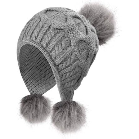 Naisten neulottu talvihattu, lämmin pipo pomponilla, tuulenpitävillä korvasuojuksilla