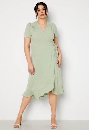 John Zack Curve Short Sleeve Wrap Frill Curve Dress Sage Green Klær