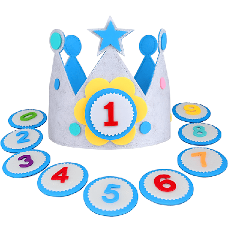 Filtbursdagskrone for barn med tall, blå gratulerer med dagen-hatt med justerbar borrelås, barnebursdagsdekorasjon med