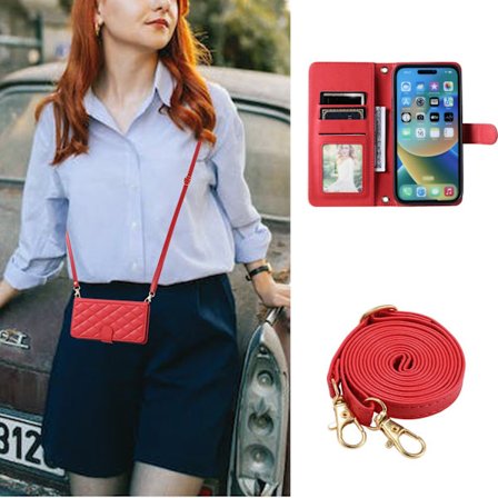 Fodral för iPhone 16promax Röd [med kort rep + crossbody-rep] ins Flip Plånbok med Korthållare Crossbody-rem
