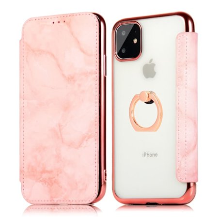 Skal för iPhone 14 6.1 roséguld ring marmor läder elektropläterad