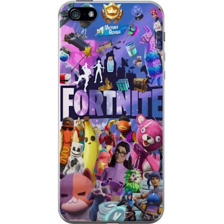 Apple iPhone 5 Läpinäkyvä kuori Fortnite kollaasi, jossa on ikonisia hahmoja, skinejä, Victory Royale ja vahvoja värejä, jotka luovat energisen