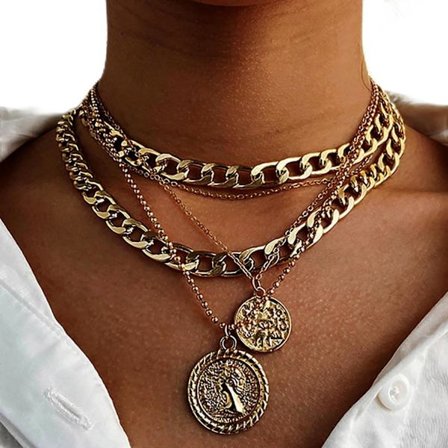 Punk Cubansk Kæde Tyk Choker Lag Halskæde Lag Mønt Vedhæng Halskæde Flad Curb Tyk Kæde Flerlags Ne
