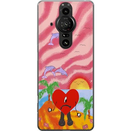 Kompatibel Mobilcover til Sony Xperia Pro-I Bad Bunny i en farverig quiltet jakke med hjertemønster og solbriller i moderne gade stil