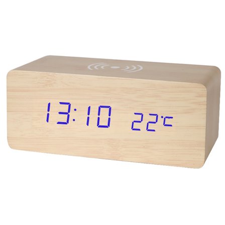 Trådlös digital väckarklocka i trä med FM-radio, 10 W snabb trådlös laddningsstation för iPhone/Samsung Galaxy, 5-nivåers dimmer, USB-laddningsport, 2