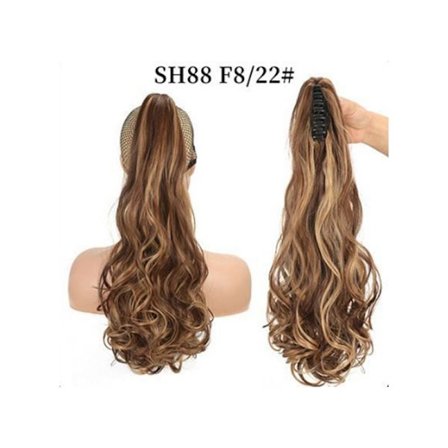 Lang bølget hestehale med clips, brun syntetisk hårforlængelse til kvinder model 2