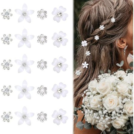 20 stk Mini Blomster Hårklemmer med Rhinestones Små Dekorative Bryllups Hårklemmer Hvide Hårklemmer Brude Hårtilbehør