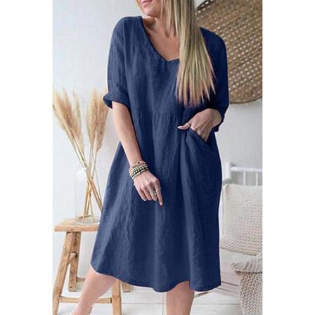 Sommar Dam Midiklänning Casual V-ringad Kort Ärm Solid Rosa L