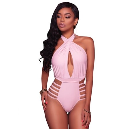 Kvinners Sexy Enkelt Badetøy Halterneck Dyp V-hals Utskåret Badedrakter ---Rosa(Størrelse M)