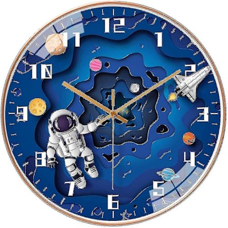 12 tuuman hiljainen lasten seinäkello, äänetön lasten pyöreä seinäkello, paristokäyttöinen avaruusmatkailutyyli (sininen)