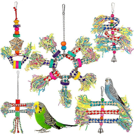 Fugleleker for Makulering, 5 stk Fargerike Bambus Hengende Leker Papegøye Tygging Treklosser, Fugleleke for Søking etter Mat