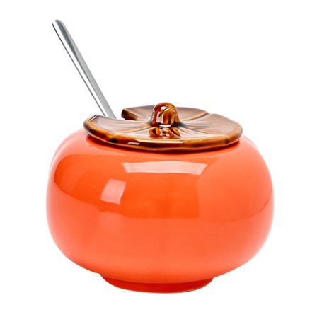 Persimmon-formet keramisk krydderkrukke med lokk og skje, søt kjøkkenkrydderbeholder for salt, pepper, sukker, dekorativ Co