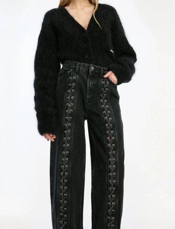 ROTATE Birger Christensen Laced Wide Leg Jeans - Black - 25