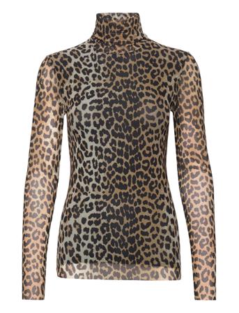 Printed Mesh Long Sleeve Fitted Rollneck T-shirts & Tops Long-sleeved Brun Ganni