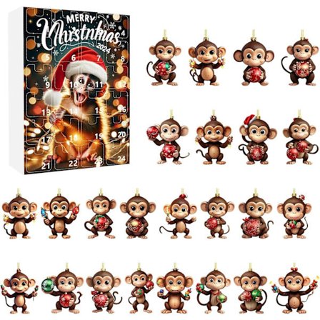 2025 Julekalender, 24 dager, med søte tegneserieape juletrepynt