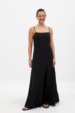 NA-KD Robe longue à coutures apparentes en mélange de lin - Robes de Printemps - Noir - EU 36