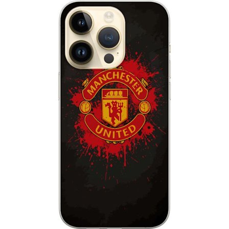 Kompatibel Mobilcover til Apple iPhone 15 Pro Manchester United logo i rød og gul farve med rå sporty baggrund