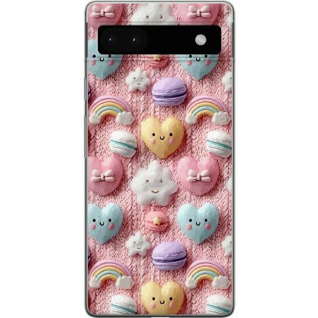 Kompatibelt Mobildeksel til Google Pixel 6a Pastellmotiv med hjerter, skyer, regnbuer og makroner mot rosa bakgrunn i en søt drømmende stil.