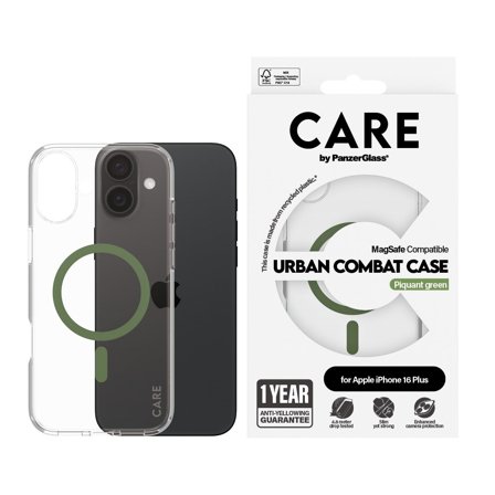 CARE by Panzer Flagship Case Transparent Urban Combat w. Green MagSafe iPhone 16 Plus PanzerGlass - High quality tempered glass screen protector