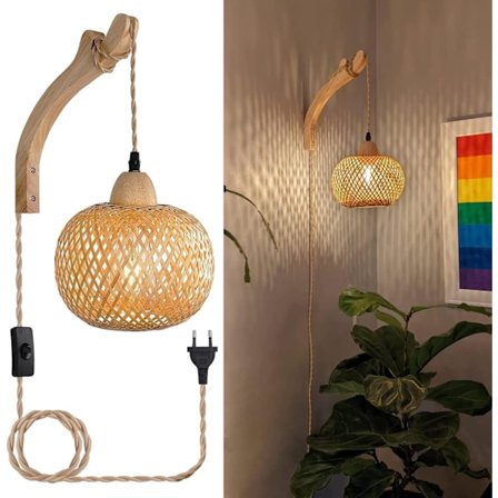 Vintage vägglampa i trä med sockel och strömbrytare, E27 retro bambu lykta, rotting sänglampa (ingen glödlampa) [Energiklass F]