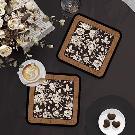 Set med 2 kaffekoppsunderlägg i fransk vintagestil, absorberande lädermaterial, 20x20cm, Typ B